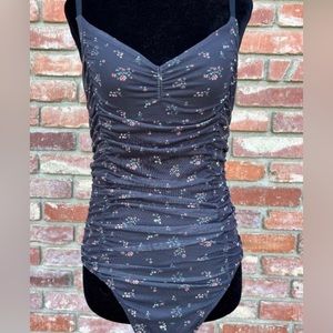 Guess Black Floral Ruched Detail Tulle Bodysuit ~ size XS ~ perfect condition